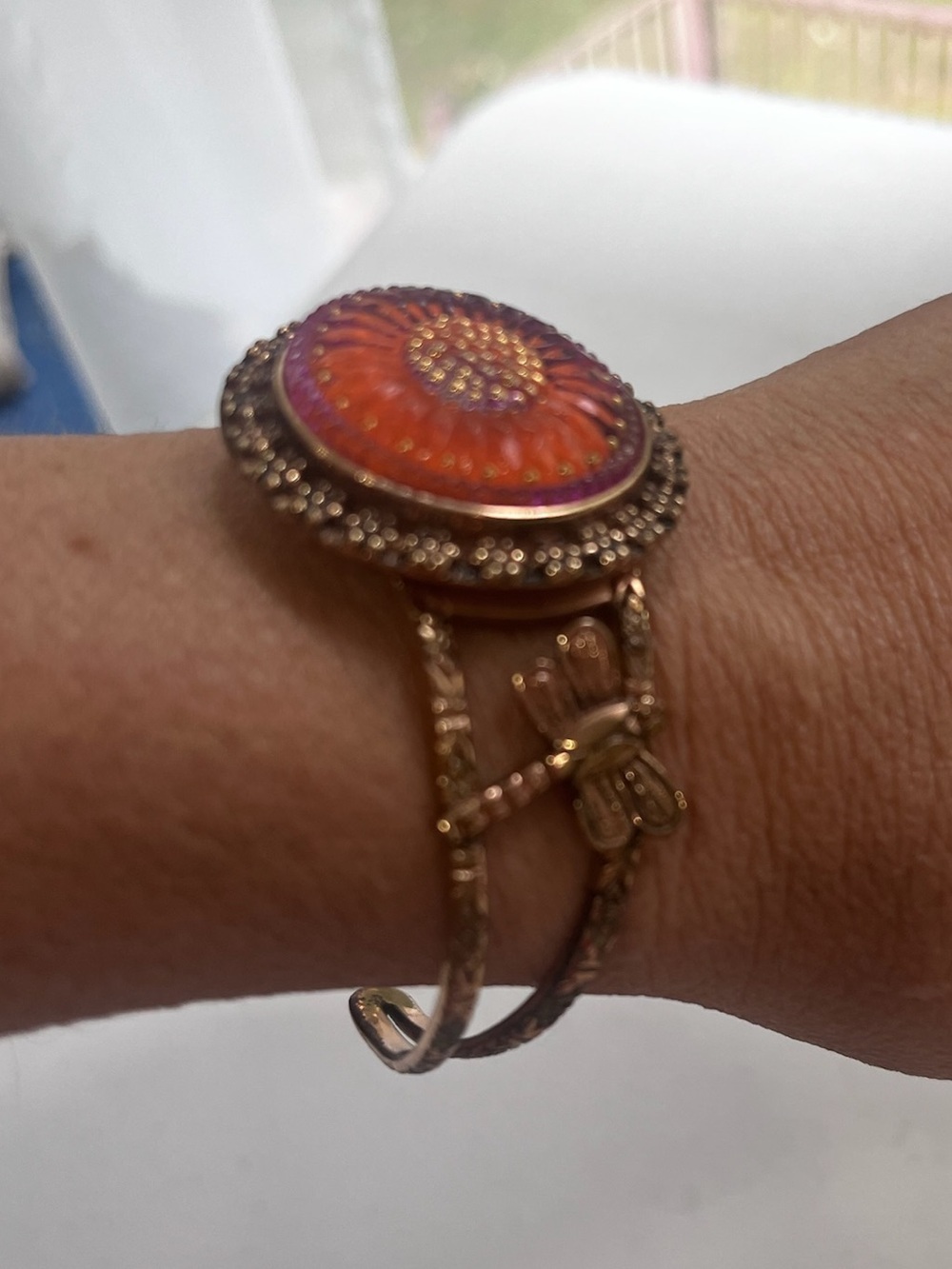 Boho Floral Enamel Copper Tone Orange Cuff Statement Bracelet - Picture 2 of 5